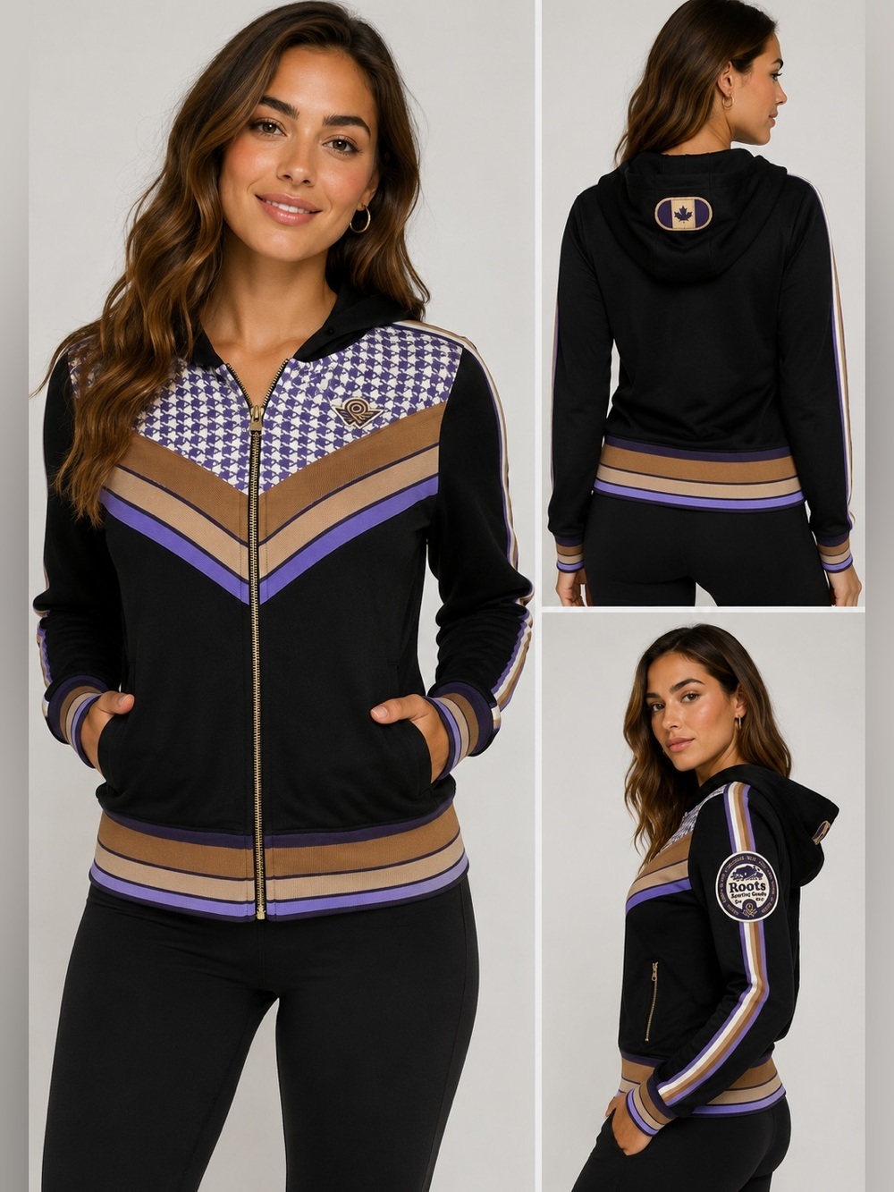 Roots Sporting Goods vintage retro black purple tan brown full zip hoodie M